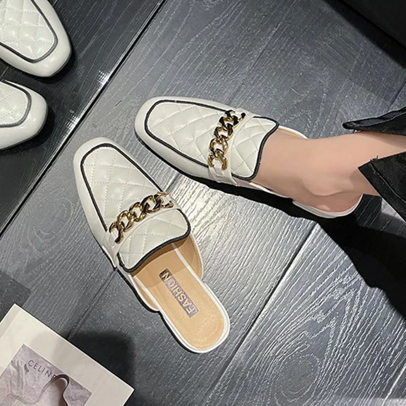 

2023 Women's Mules Summer Modern Slippers Fashion Square Toe Low Heel Half Slippers Loafers Soft Leather and Sole Heels Slides