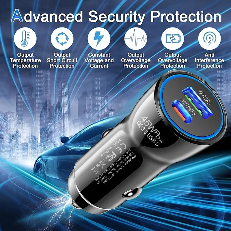 Фото Автомобильное зарядное устройство с двумя портами USB-C PD3.0 и QC3.0, 45 Вт, с быстрой зарядкой и улучшенной защитой, совместимо с автомобилями 12В/24В №3