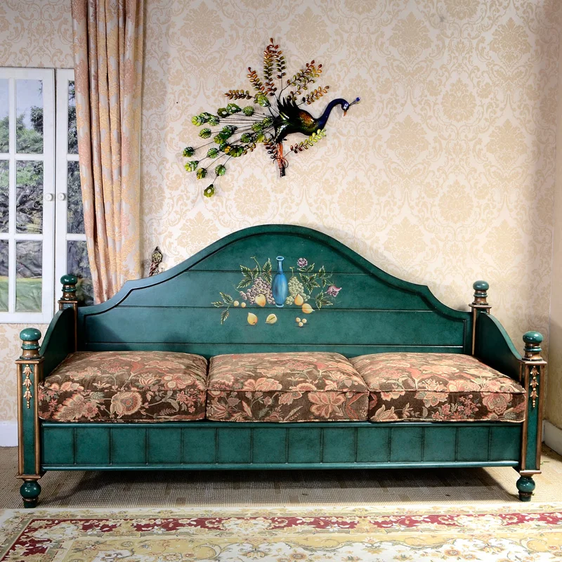 

Диван в американском стиле из массива дерева с окрашенной тканью, мебель для гостиной, французский стиль, роскошный дизайн на три человека 1