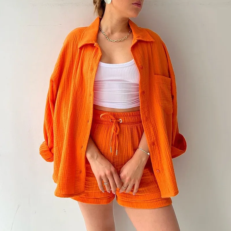 

2023 2 Piece Sets Oversized Long Sleeve Shirt Women Cotton Tops Blouse And Loose High Waist Shorts Suit Fashion Casual Outfits