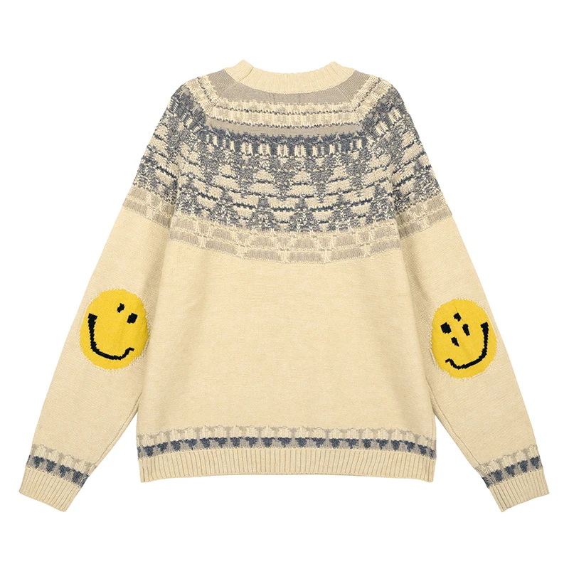 

Японский жаккардовый пуловер со смайликом в стиле ретро, вязаный свитер для мужчин и женщин, уличная одежда, повседневные топы оверсайз с кр...
