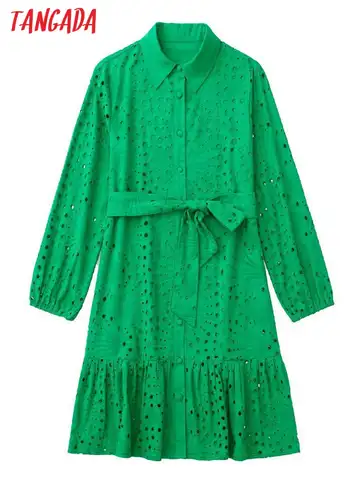 Платье-мини зеленое с поясом, рукавом 3/4 и пуговицами спереди