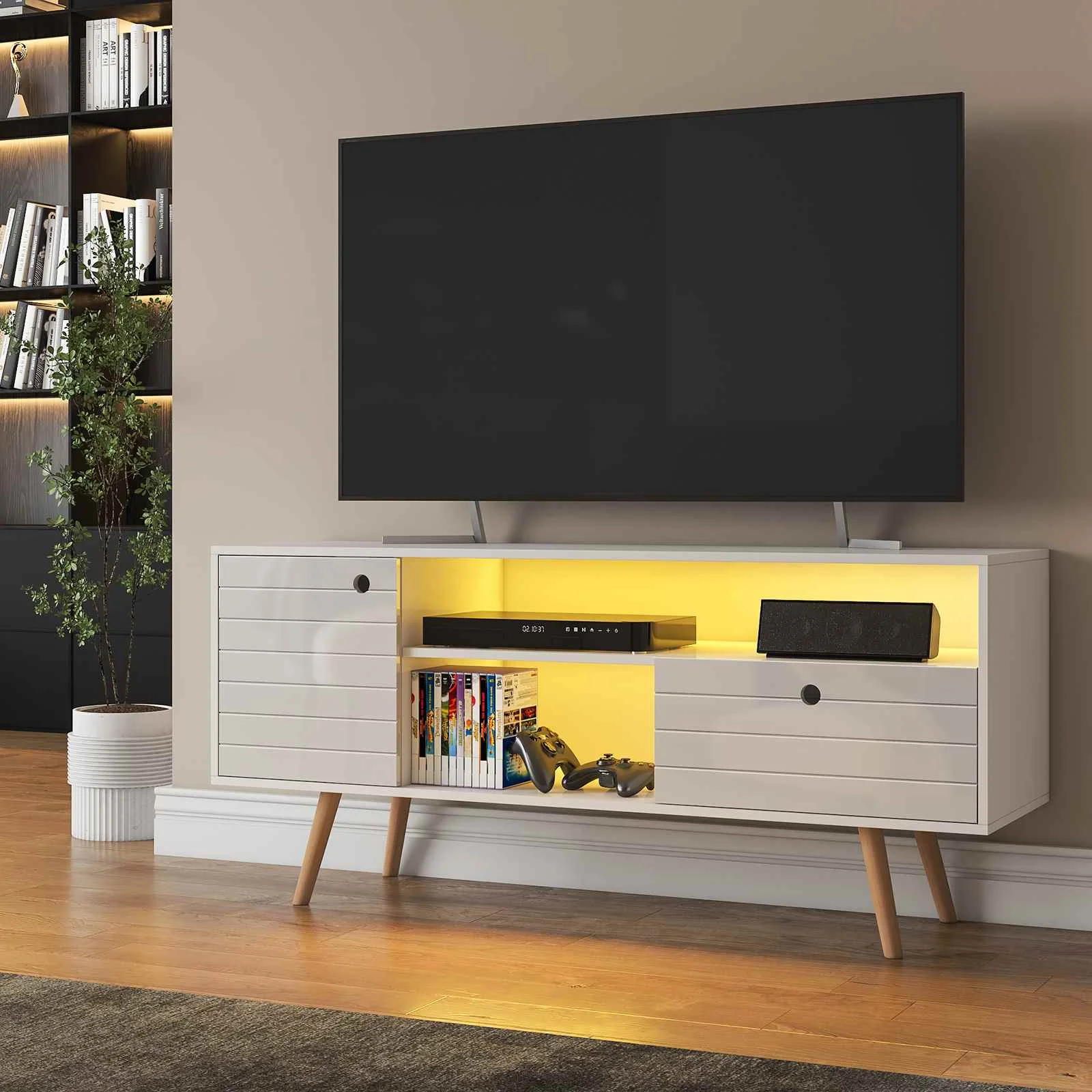 Stand For 55-60 Inch Tv Modern Led Entetainment Center With Storage Cabinet Wooden Led Media Console Living Room White