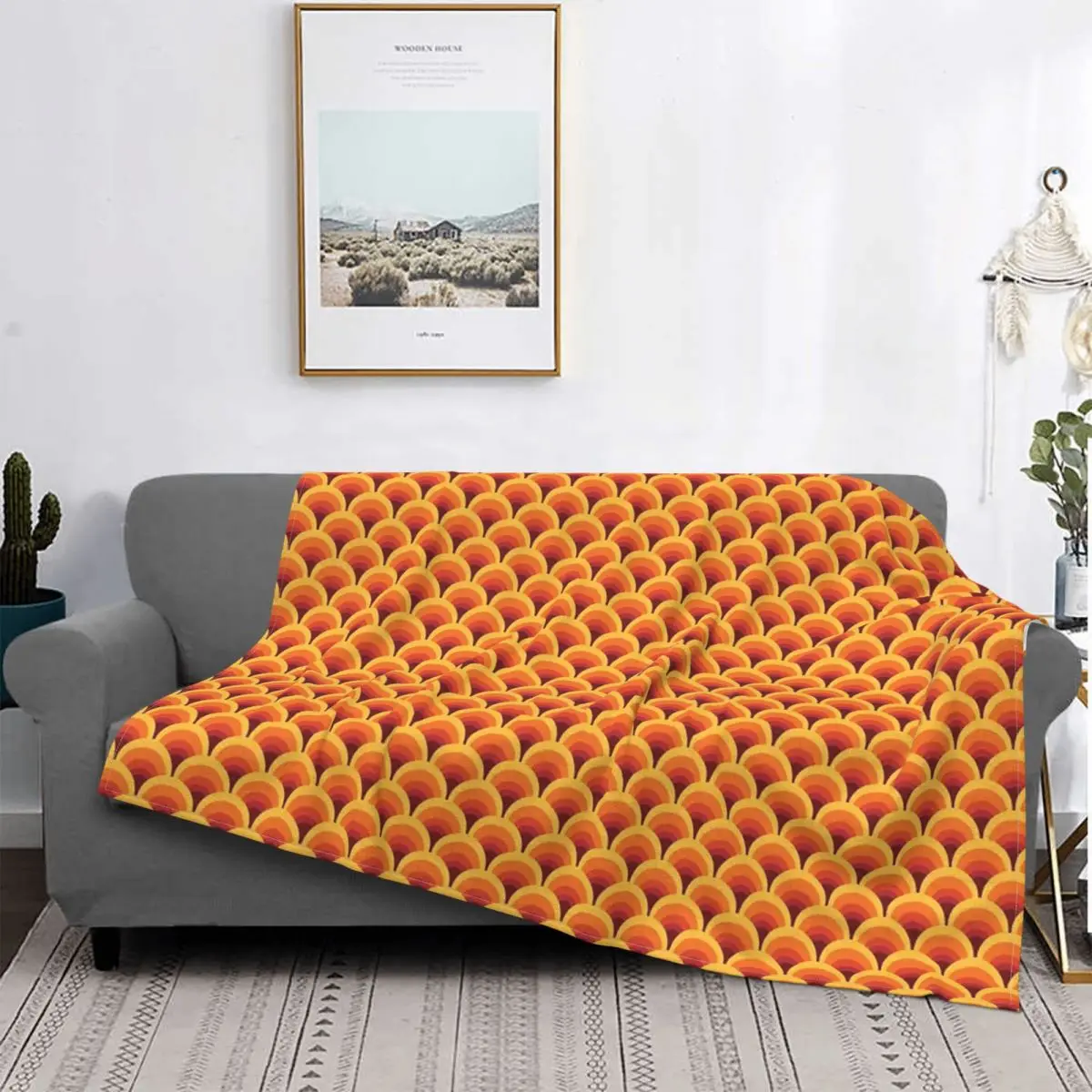 

Одеяло теплое в стиле ретро, мягкое удобное декоративное пушистое одеяло оранжевого цвета с переходом цветов волн, для дивана, кровати, стула