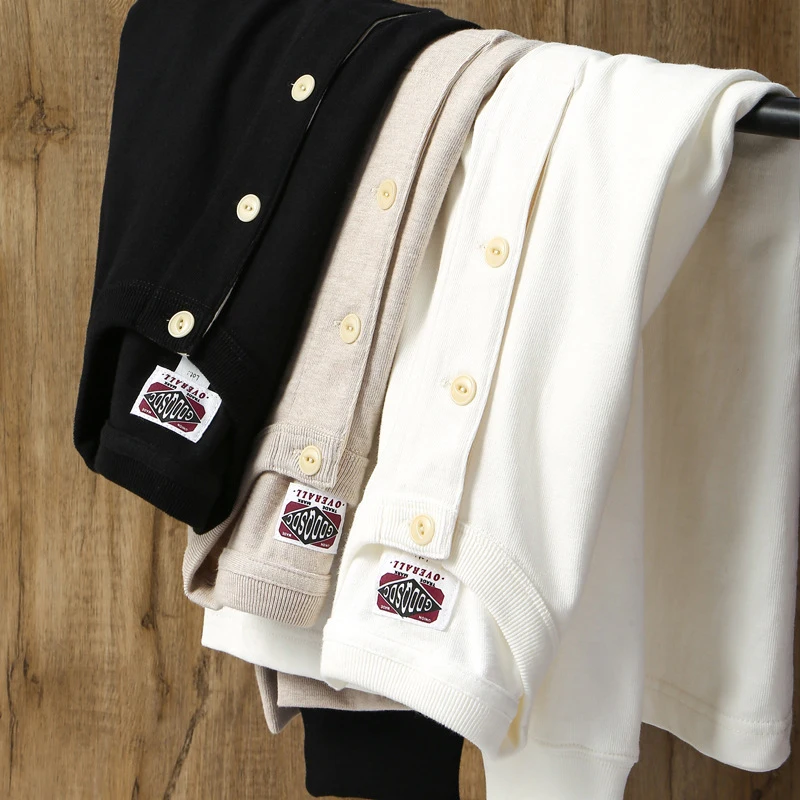 

380G Heavy Weight Henry Collar T Shirt Men Amekaji Vintage Workwear Thick Long Sleeve Tshirt Autumn Winter Solid Bottoming Tops