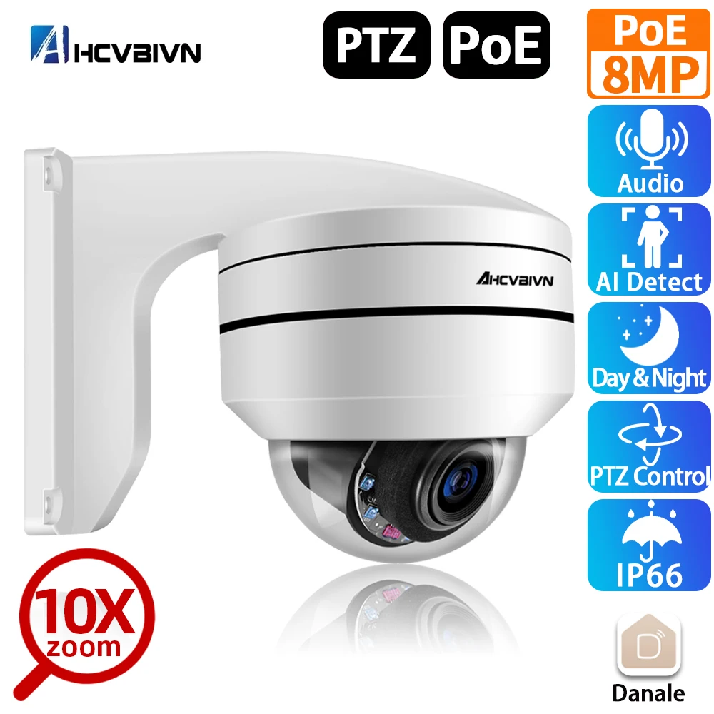

4K 8MP POE PTZ IP CCTV Dome Camera 10X Optical Zoom Outdoor IP67 Waterproof Metal Security Surveillance Camera Audio Recording