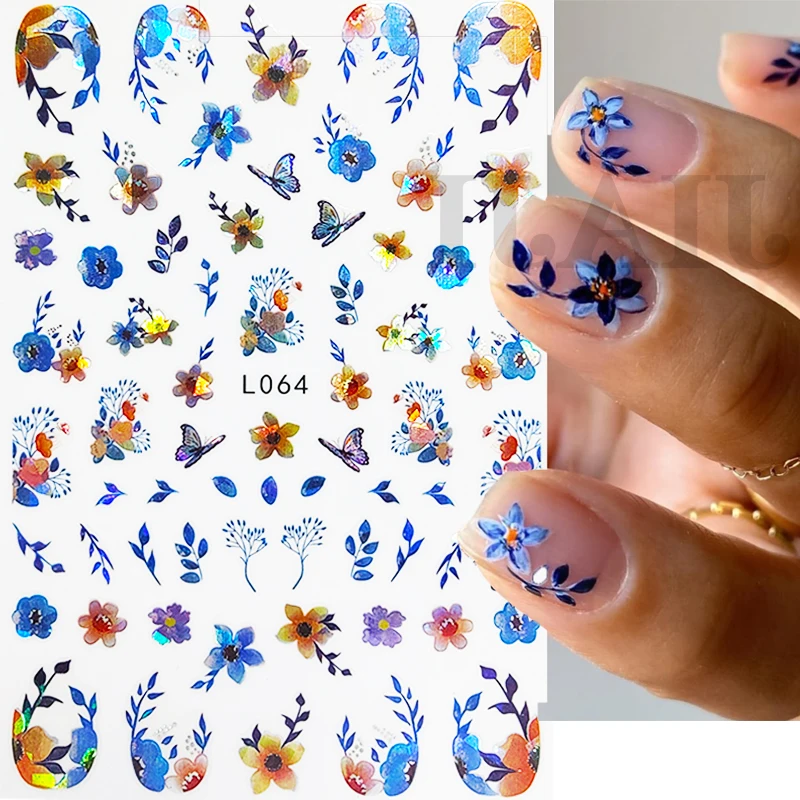 

3D Colorful Flower Line Nail Stickers Holographic Laser Abstract Wave Eye Face Leaf Sliders for Nails Manicure Decor Foils