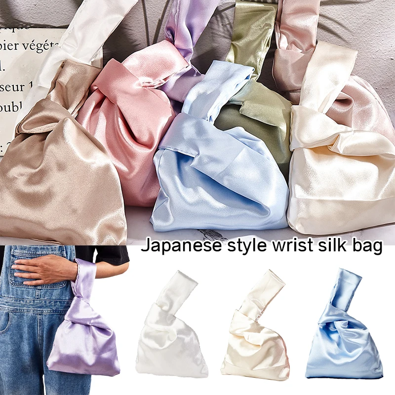 Japanese Silk Coin Wallet Purse Tote Handbag Wrist Bag Knot Bag Folding Bags Women's Tote Solid Color Storage Bag