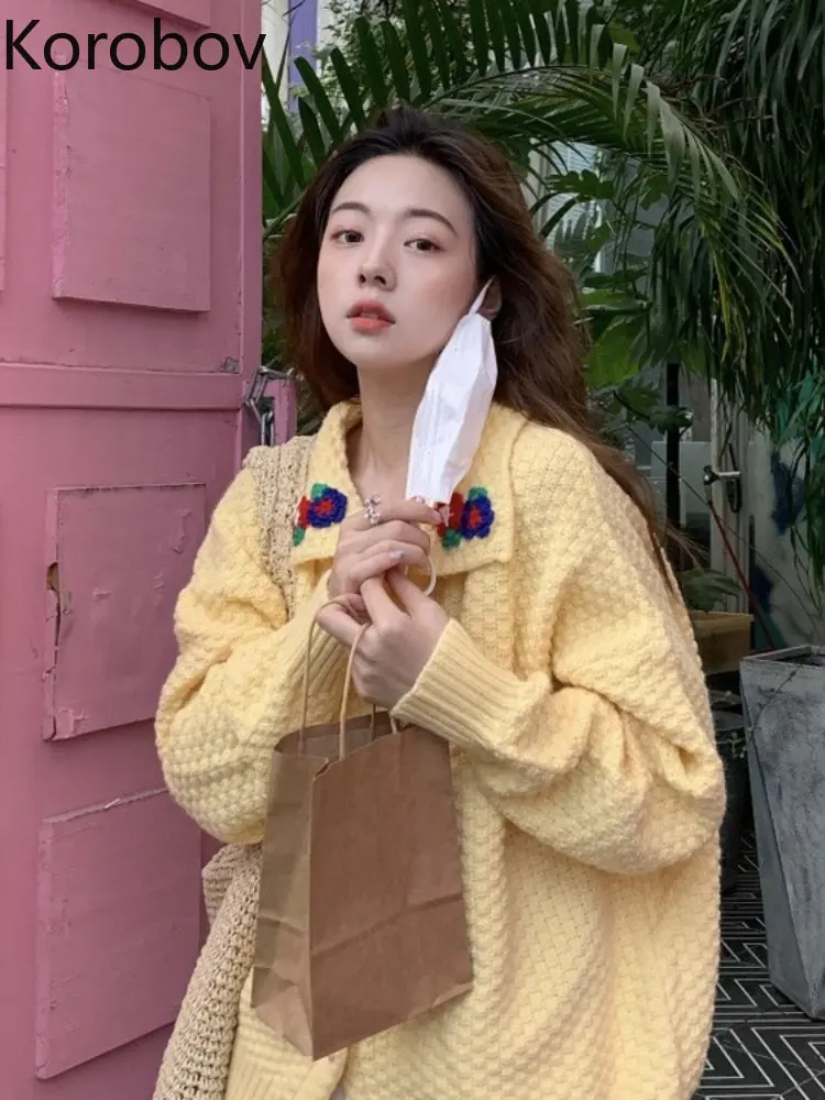 

Korobov Korean Age Reduction Knitted Tops New Autumn Jacquard Vintage Cardigan Fashion sweet Loose Sweater Casaco Feminino