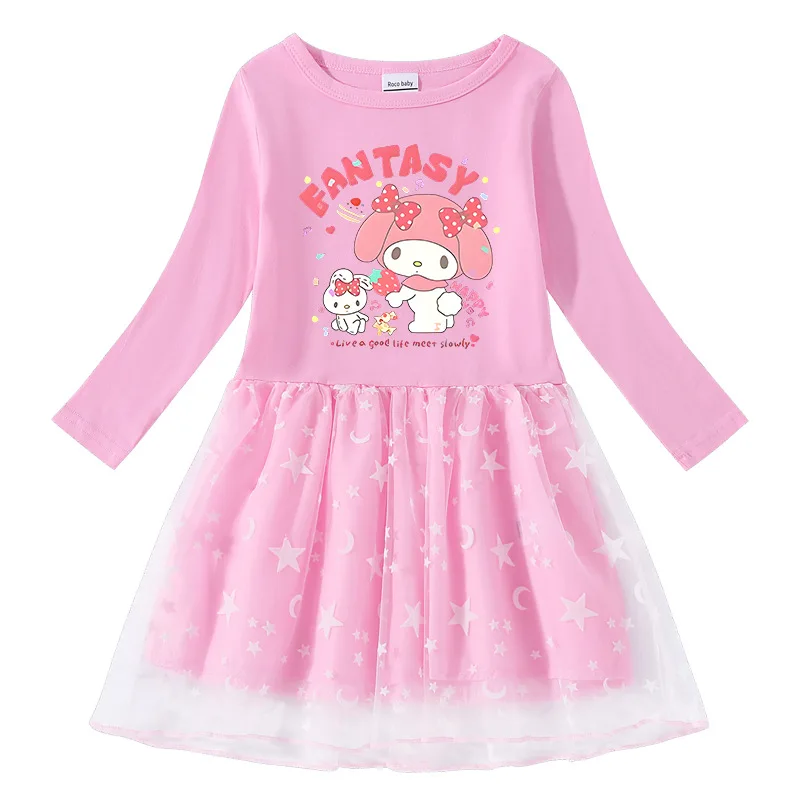 

Sanrio Melody 2023 Spring and Autumn New Girls Cotton Printed Cartoon Stars and Moon Mesh Long Sleeve Princess Dress