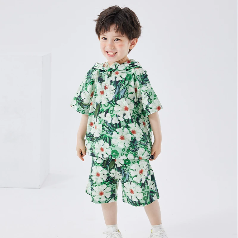 

Summer Children's Boy Clothes Set Shorts Sleeve Hooded Top and Shorts 2 Pieces Outfits Green Flower Single Breasted Tracksuits