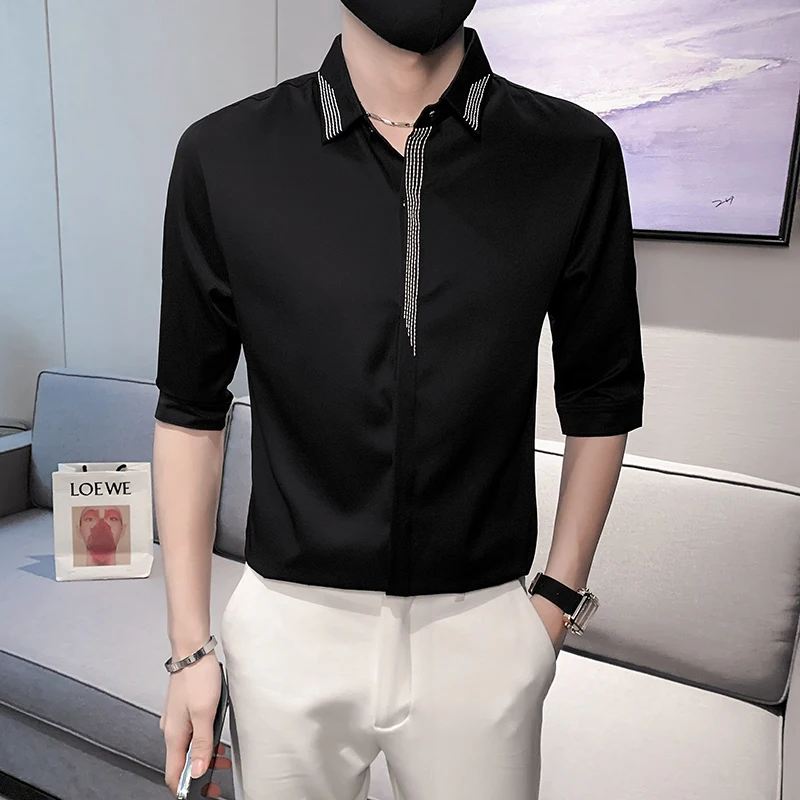 

Luxury Striped Embroidery Men Shirts Smart Casual Half Sleeve Camisa Social Slim Masculina Cover Button Turndown Collar Camisas