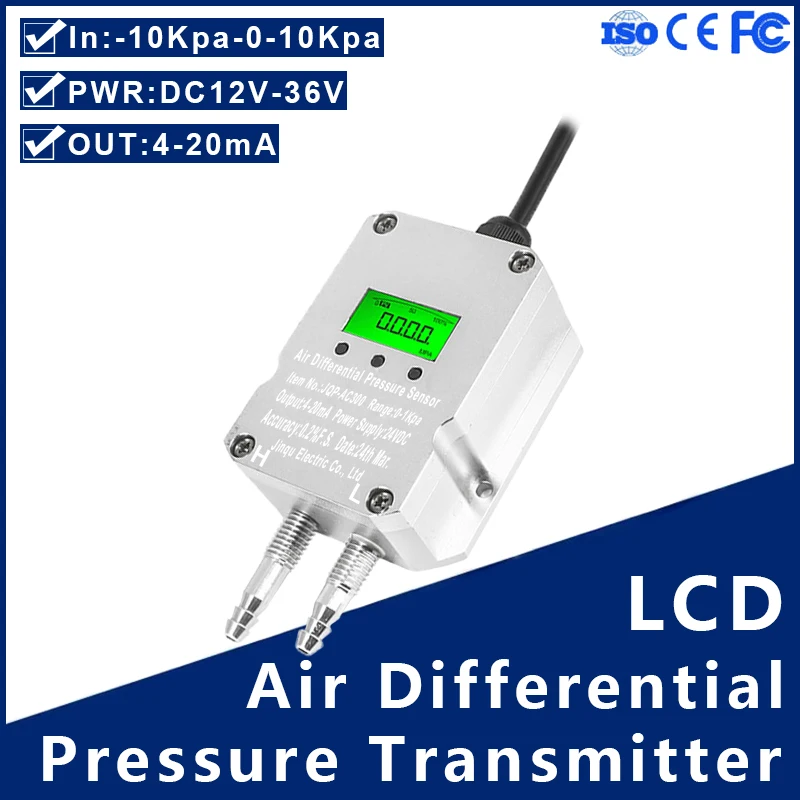 Uscita 4-20mA Display LCD trasmettitore di pressione dell'aria condotto del ventilatore pressione differenziale del vento sensore di pressione del Gas a pressione negativa