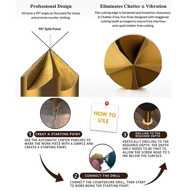 Набор Сверл С Зенковкой Ts-6 6 Шт. Шестигранный Хвостовик 1/4 Дюйма 90 Градусов 5
