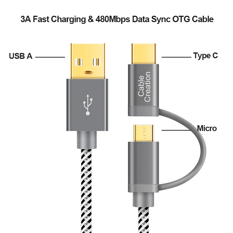 Кабель CableCreation 2 в 1 Type C OTG 480 Мбит/с USB и Micro 3A кабель для быстрой зарядки Xiaomi Samsung Galaxy