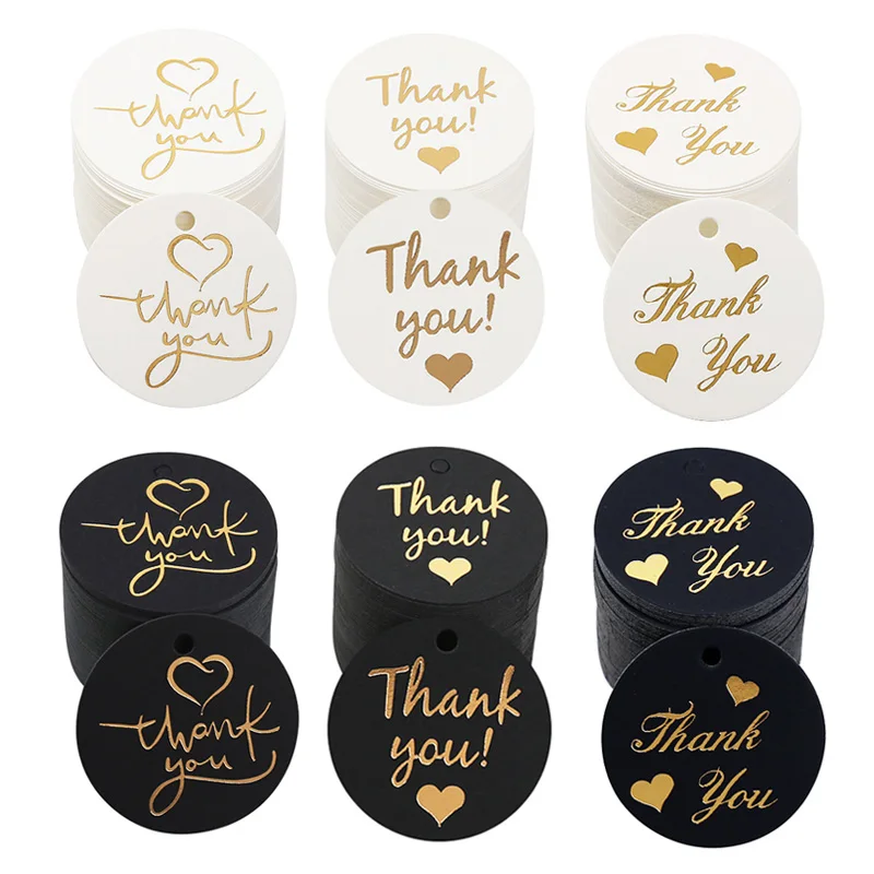 

Bronzing Thank You Tags White Black Paper Cards Gift Bags Boxes Hang Tag Wedding Birthday Christmas Party Supplies 50pcs 4.5cm
