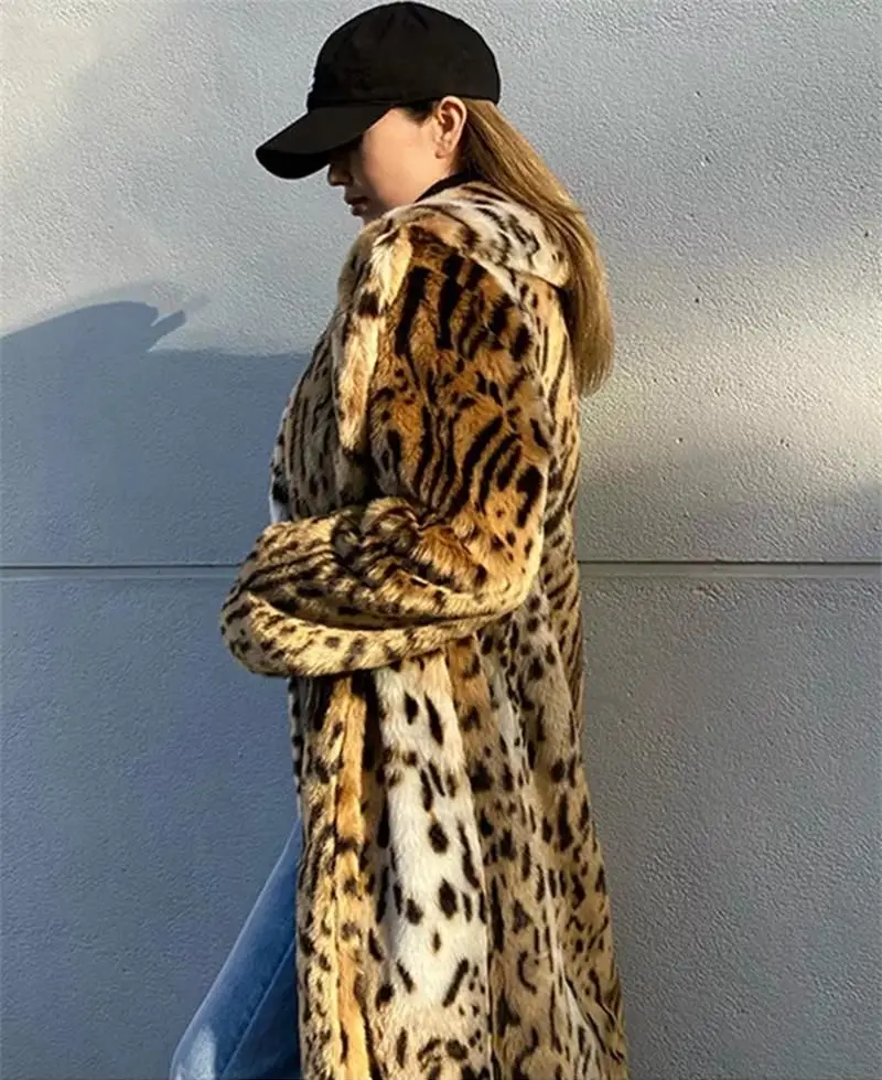 Women's Clothing Autumn And Winter 2022 New Leopard Print Imitation Fur Coat  Fashion Suit Collar  Long