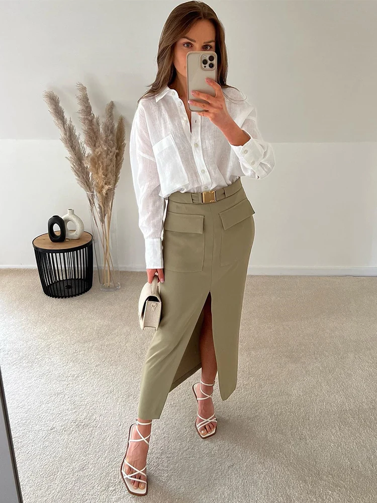 

Chicheca Cotton Linen Shirt Dress Set Summer Spring Slit Maxi Skirt Office Elegant Women 2 Pieces Outfit Suit Pockets Fashion