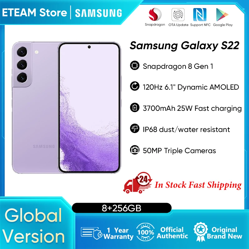 

Samsung Galaxy S22 5G Smartphone Snapdragon 8 Gen 1 Android 12 120Hz AMOLED 2X Display 25W Fast Charge Cellphone In Stock