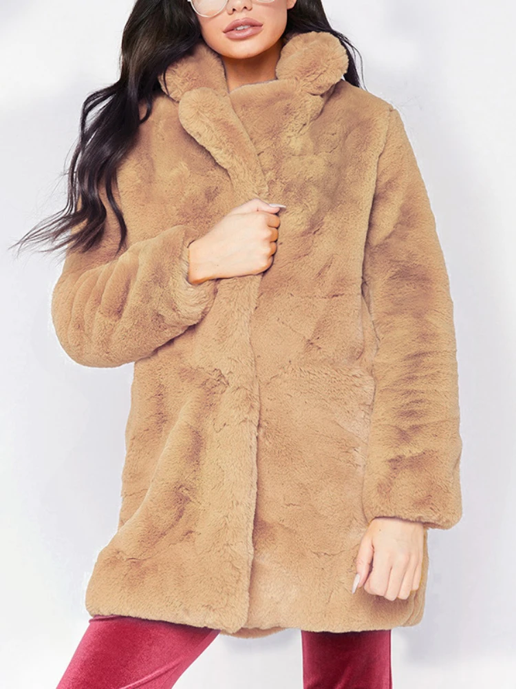 Lapel Solid Color Long Overcoat Women Clothing Imitation Fur Coat Warm For Autumn Winter Internal Lining Long Sleeve Plush Coat