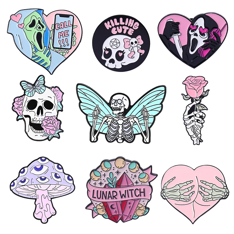 

Punk Old-School Enamel Pin Butterfly Skeleton Witch Bear Eyes Pizza Mushroom Strawberry Brooch Badge Sassy Gothic Jewelry Gift