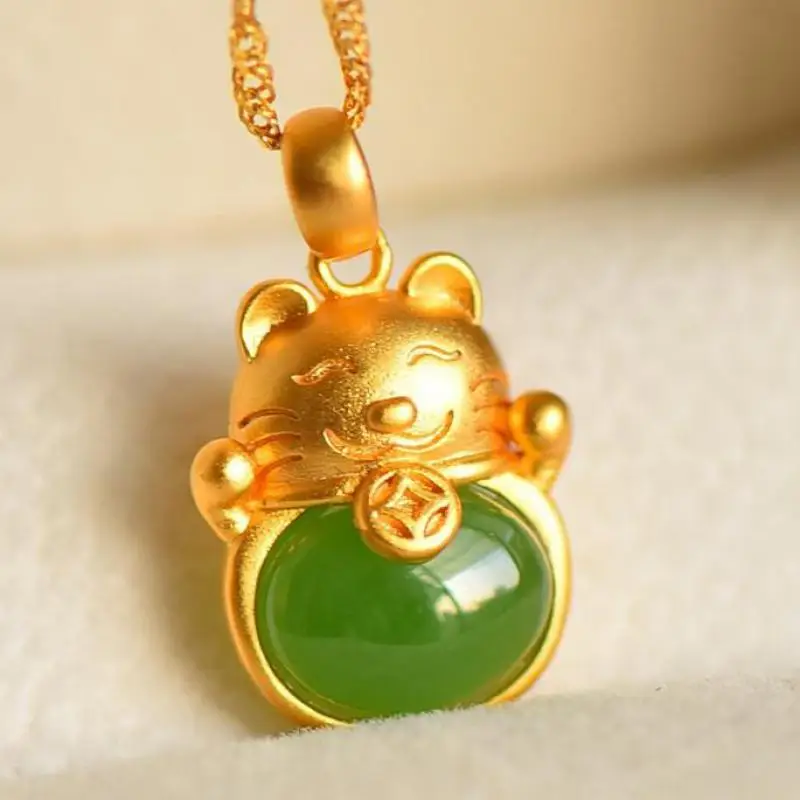 

Ожерелье женское из серебра 925 пробы с натуральным зеленым нефритом И котом на удачу