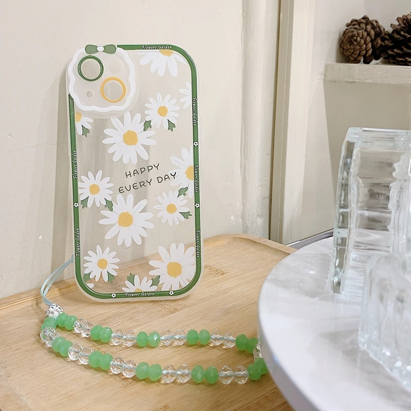 

Cute Flower Transparent Soft Case For iPhone 13 12 Pro Max 11 XR X XS Clear TPU Flower Wrist Phone Chain Cover