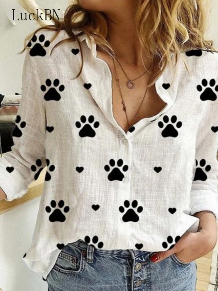 

Lapel Long Sleeve Women Shirt Spring Autumn Vintage Dog Paw Print Blouse White Blue Pink Casual Loose Button Up Shirts Blusas