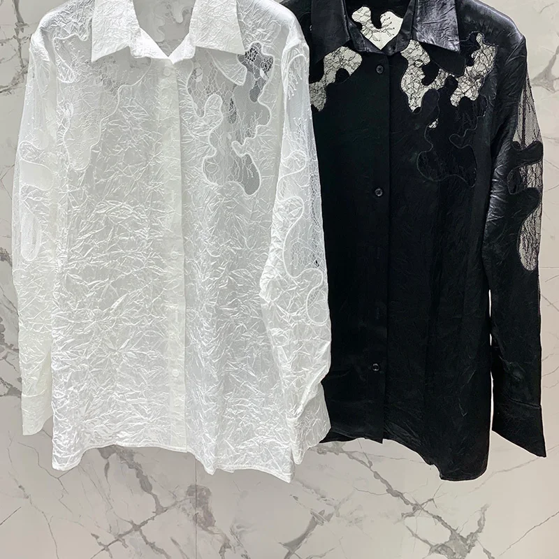 

23 Women Elegant Lace Embroidery Hollow Out Shirt Casual Chic Single Breasted Loose Blouse Runway Female Fashion Tops Streetwear