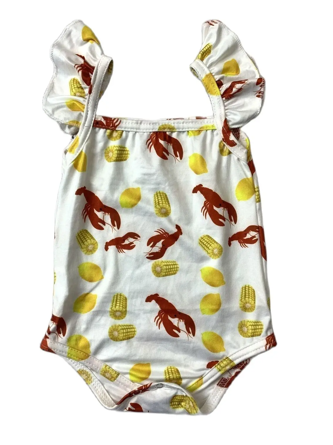 

Лидер продаж, милая детская одежда, летние комбинезоны для маленьких девочек с раками, желтыми скрытыми пуговицами