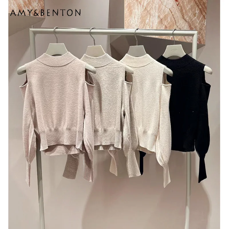 

Осенне-зимние новые милые элегантные свитера с круглым вырезом и открытыми плечами милый пуловер с пышными рукавами приталенный свитер для женщин