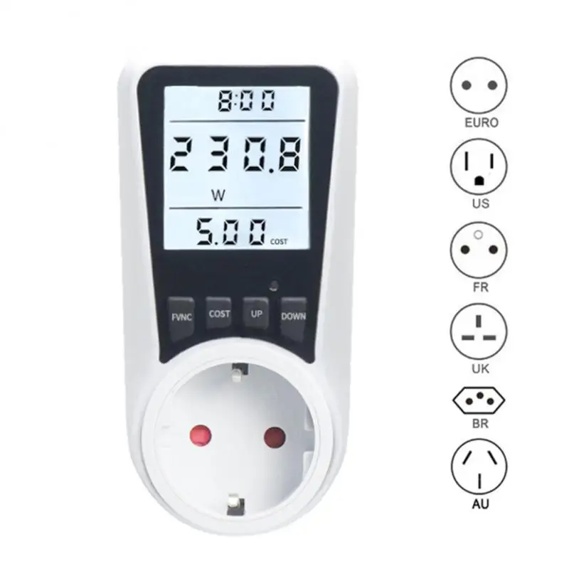 

220V AC Digital Wattmeter LCD Electricity Consumption Energy Meter Kwh Outlet Power Analyzer EU UK FR US BR AU Plug