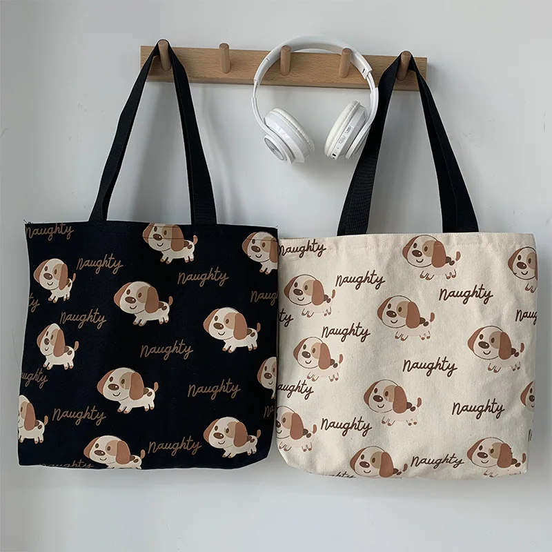 

Women Shoulder Canvas Bag Cute Cartoon Naughty Dog Print Handbag Eco Cloth Shopper Tote Zipper Shopping Bag Student Book Bag New