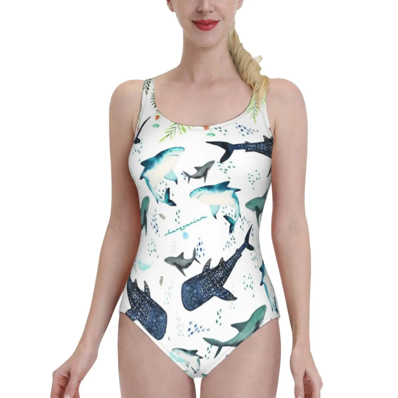 

Floral Shark Pattern Women Swimsuit One Piece Backless Swimwear Sexy Beach Wear Summer Bathing Suits Shark Sharks Whaleshark