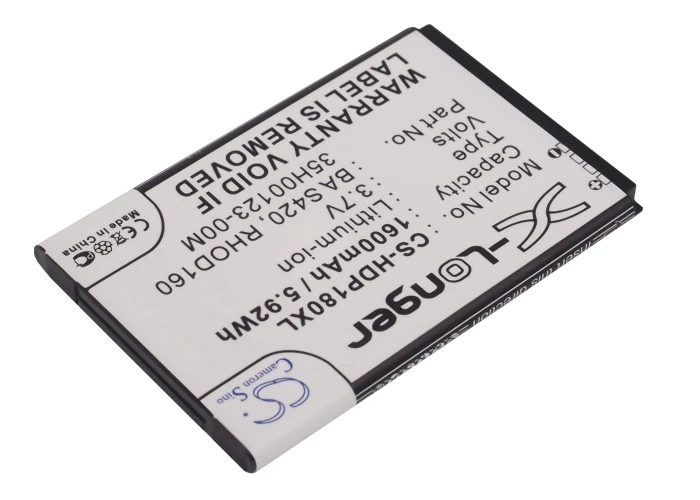 

CS 1600mAh/5.92Wh battery for T-Mobile Captain,Dash 3G,G2 Touch,MDA Vario V,Touch Pro 2,Wing II 35H00123-00M,RHOD160