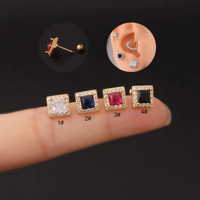 

1 PCS Cute Color Zircon Square Stud Earring for Women Classic CZ Pave Steel Screw Bar Ball Ear Cartilage Piercing Cuff Jewelry