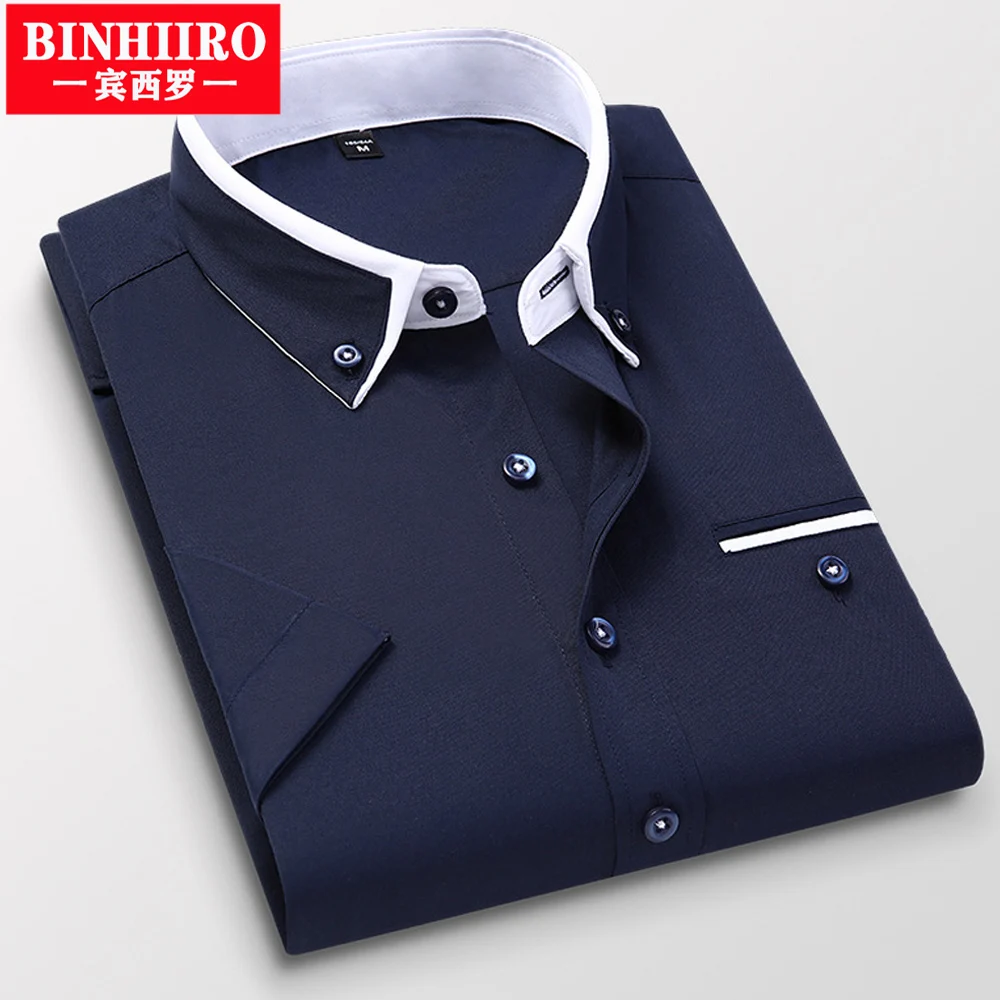 

Мужская рубашка с короткими рукавами, Классическая однотонная приталенная Повседневная деловая рубашка с прострочкой, лето 2019