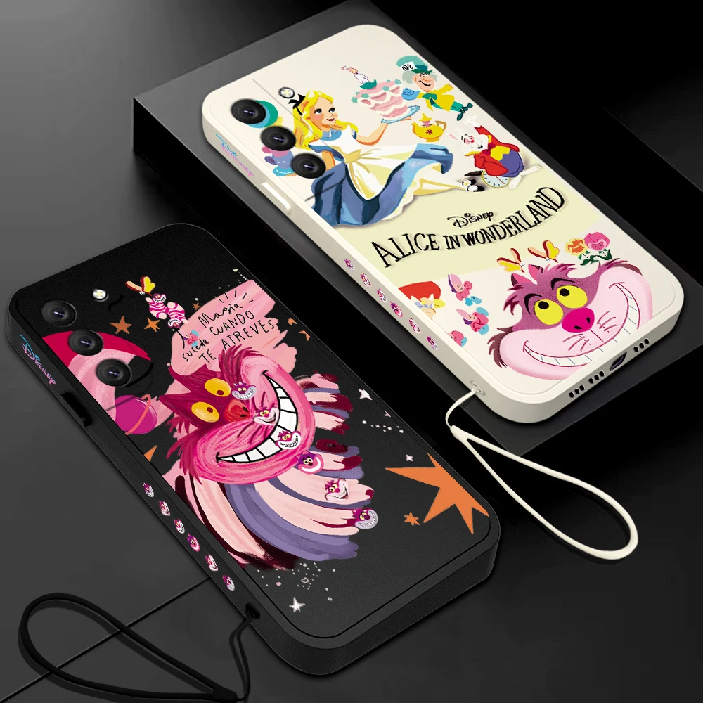 

Cute Alice and Cheshire Cat Phone Case For Samsung Galaxy S23 S22 S21 S20 Ultra FE S10 4G S9 Note 20 10 Plus With Lanyard Cover