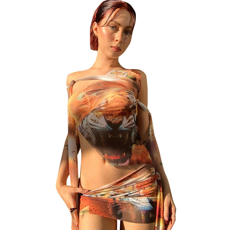 

Summer Skirt Set Women Outfits Sexy Two Pice Clothes Tiger Print One Shoulder Crop Top and Mini Skirt Matching Clothing Suit
