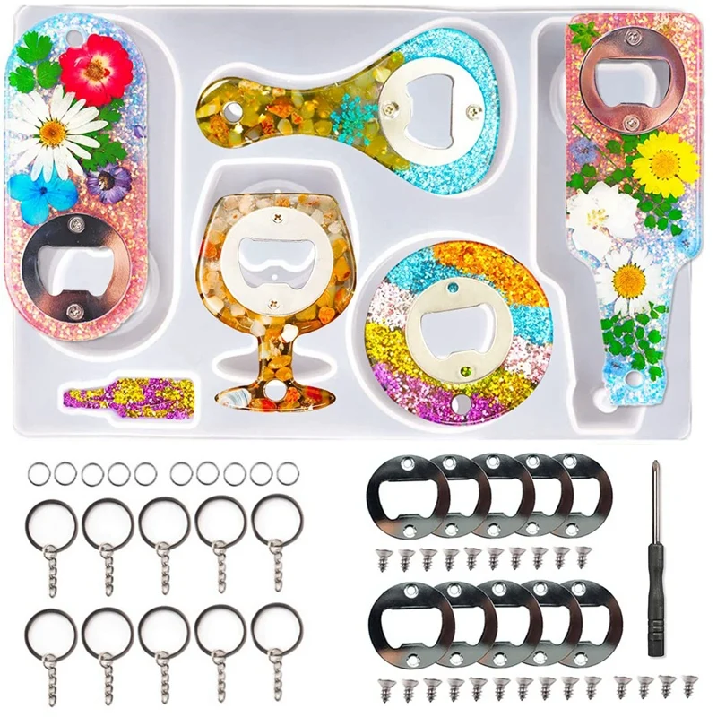

Bottle Opener Resin Mold,Beer Opener Silicone Mould with Beer Spanner Screw,Key Rings for DIY Bottle Opener Keychain