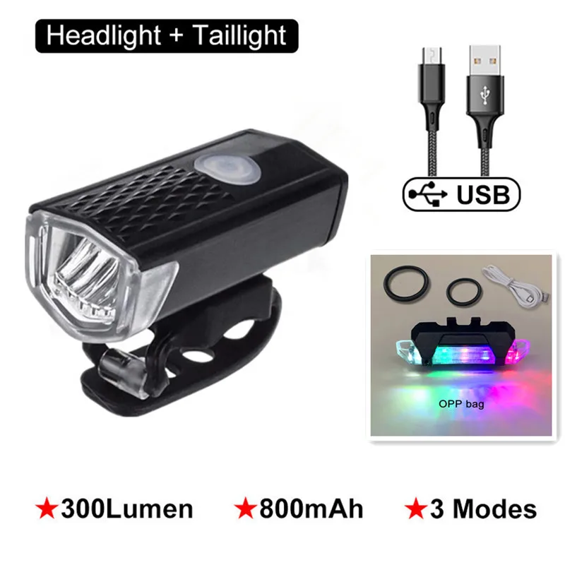 

2Pcs Bicycle Front+Back Light Set USB Rechargeable Mountain Bike Taillights 300 Lumens 3 W LED Night Riding Warning Tail Lamps