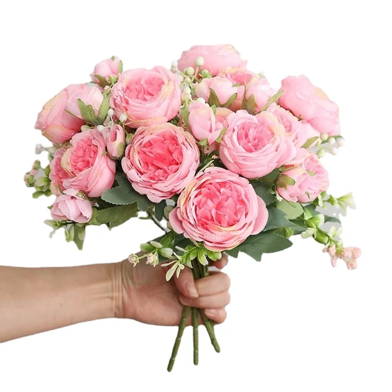 

30cm rose pink peony rayon flower bouquet 5 big heads 4 buds cheap fake flowers home indoor wedding decoration