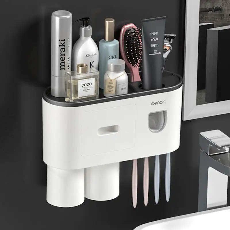 

No Punching Storage Racks Magnetic Adsorption Dust-proof Design Toothpaste Dispenser Rack Gray Drawer Storage Large Storage Tray