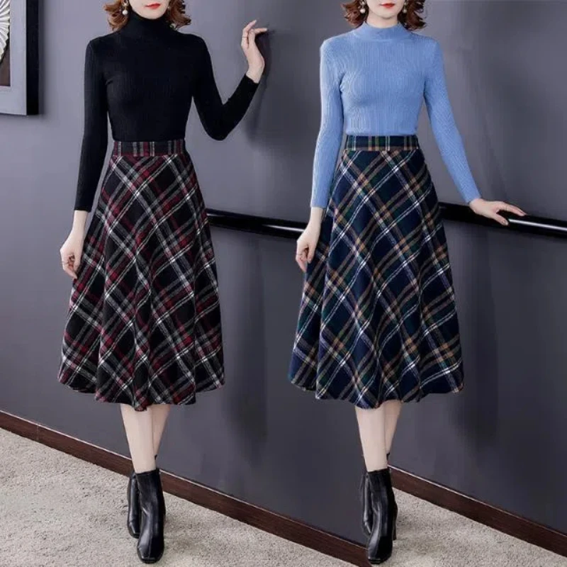 Молодой стиль зимняя новая мода корейская клетчатая флокированная юбка