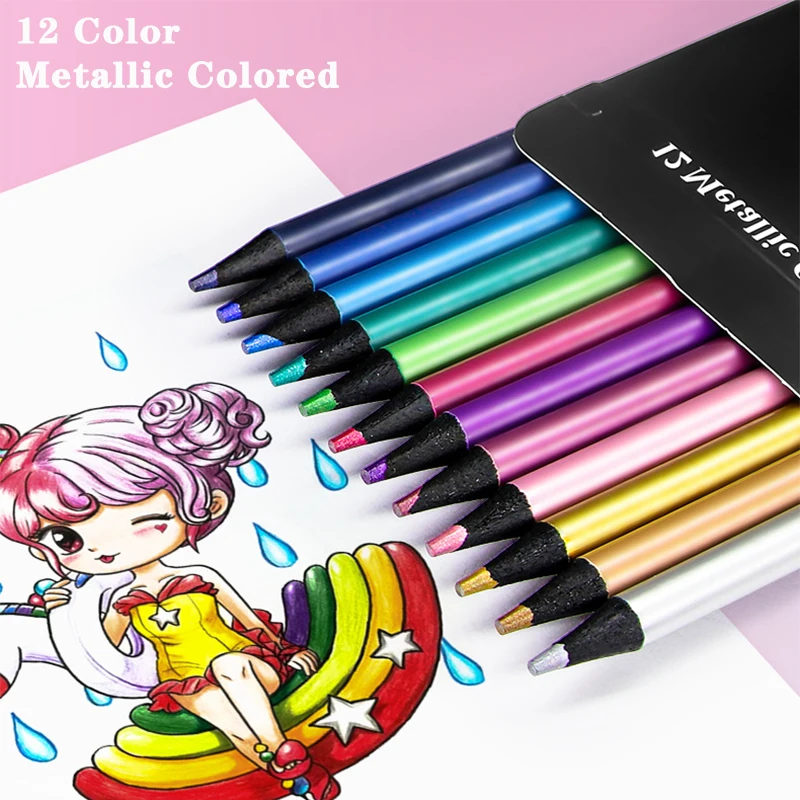 

12 Color Metallic Colored Pencils Drawing Sketching Set Coloring Colour Pencils Brutfuner Profession Art Supplies For Artist