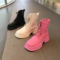 womens summer thin short boots new leather thick bottom light lacing casual heightening short boots rose powder women boots new