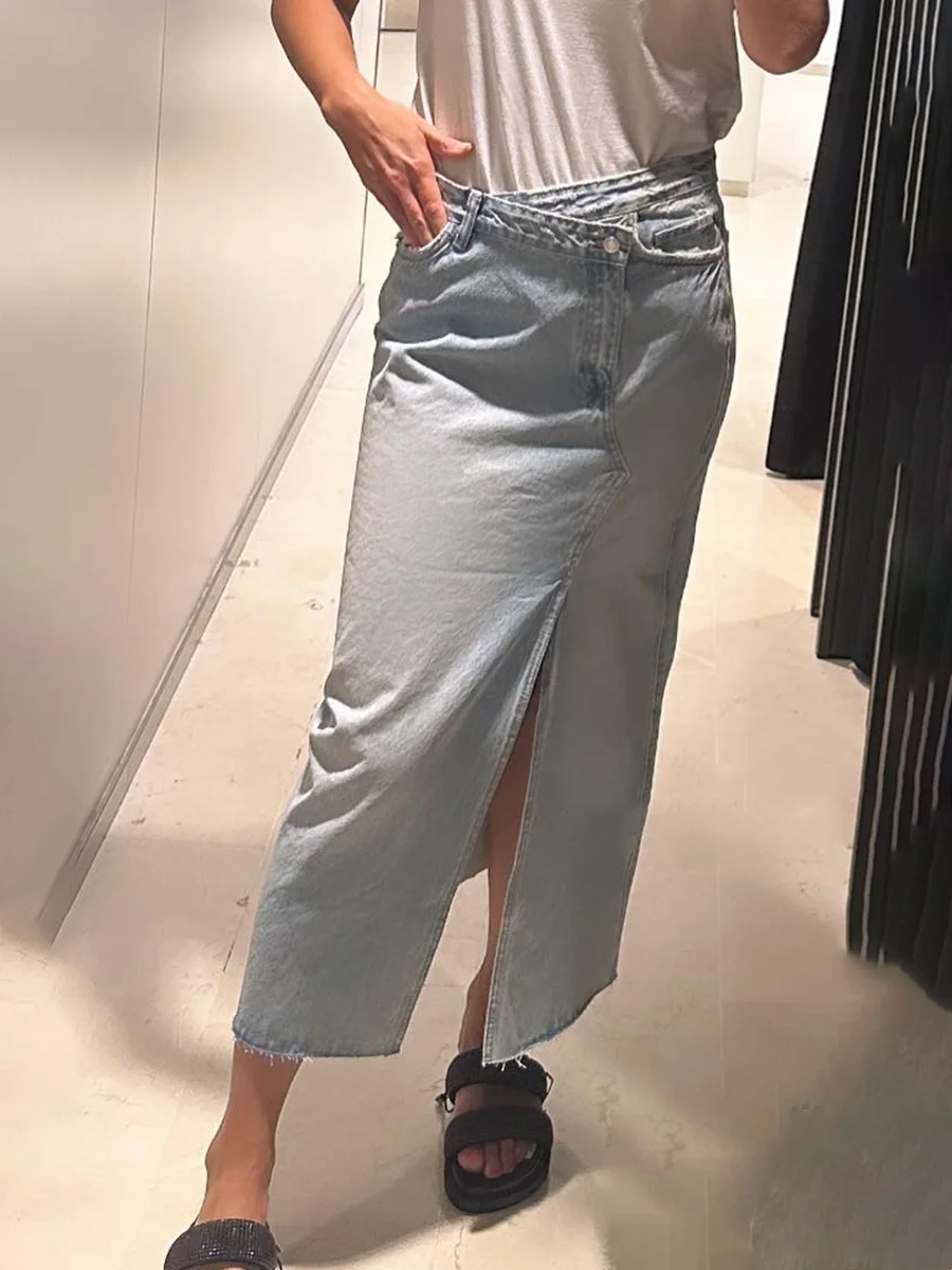 

Distressed Irregular Maxi Skirt 2023 Summer Streetwear High Waist A-line Denim Long Faldas Fashion New Slit Skirts Woman Bottom