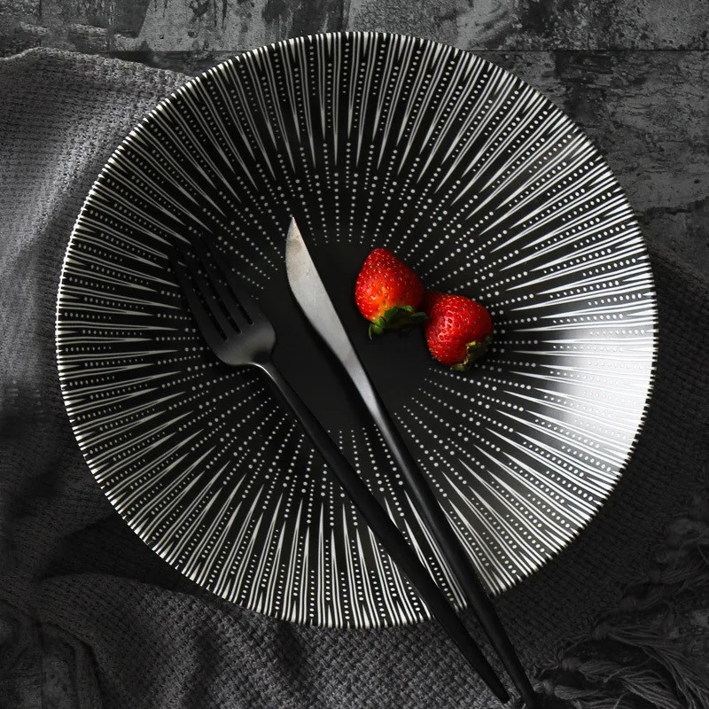 Керамическая посуда в полоску матовая черно-белая креативная для дома ресторана