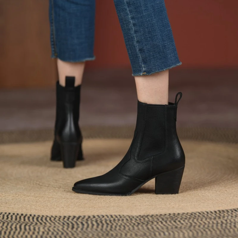NEW Fall/Winter Women Shoes Pointed Toe Chunky Heel Boots Genuine Leather Black Boots for Women Fashion Hight Heel Modern Boots