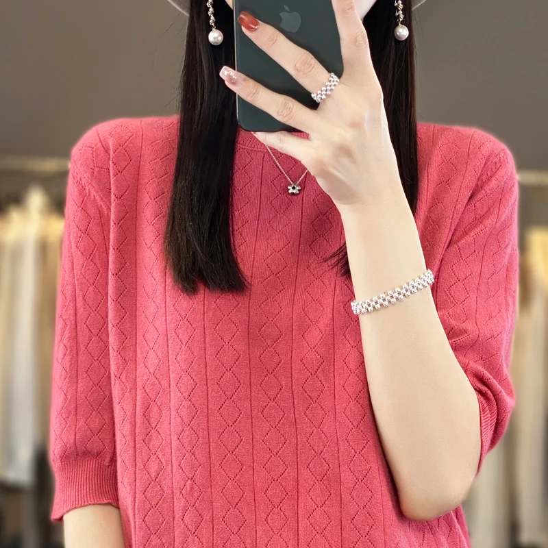 Женский кашемировый пуловер с коротким рукавом и круглым вырезом